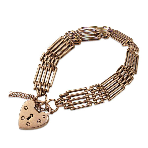 9ct Rose Gold Estate Gate Link Bracelet With Heart Padlock