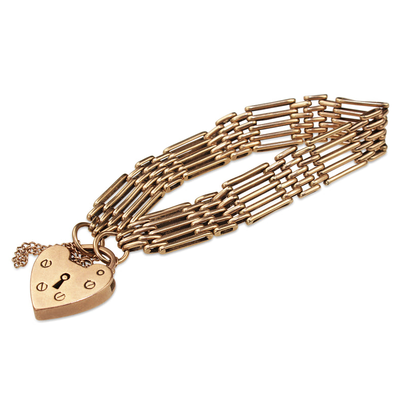 9ct Rose Gold Estate Gate Link Bracelet With Heart Padlock