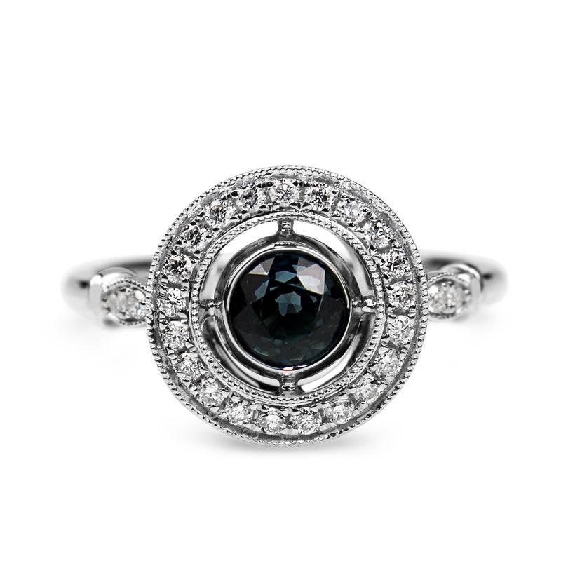 18ct White Gold Sapphire and Diamond Deco Style Halo Ring