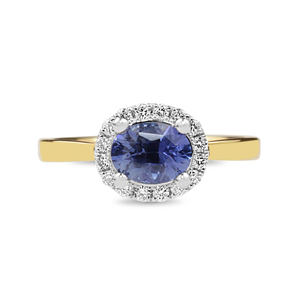 18ct Yellow and White Gold East West Set Sapphire and Diamond Halo Ring