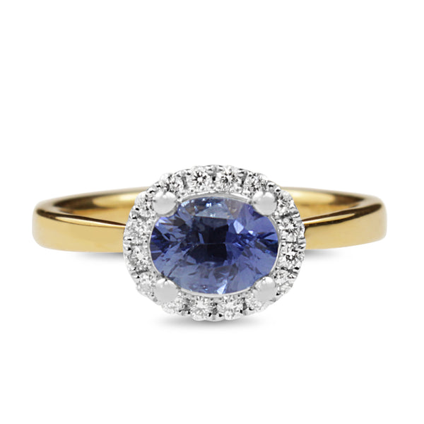 18ct Yellow and White Gold East West Set Sapphire and Diamond Halo Ring