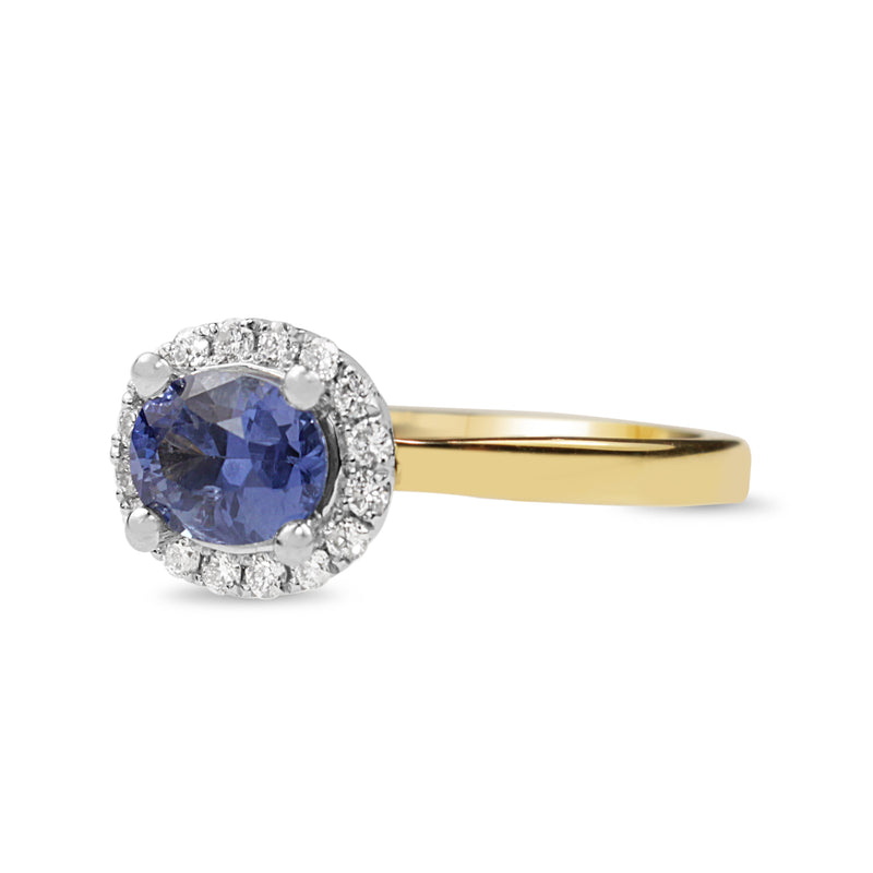 18ct Yellow and White Gold East West Set Sapphire and Diamond Halo Ring