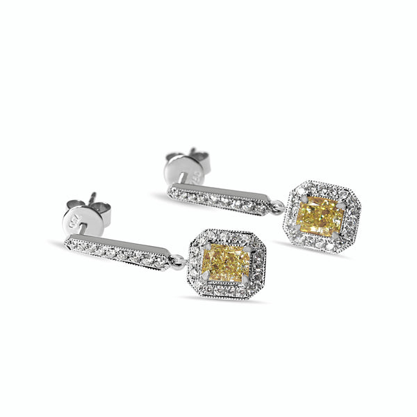 18ct Yellow and White Gold Yellow Radiant Diamond Halo Drop Earrings