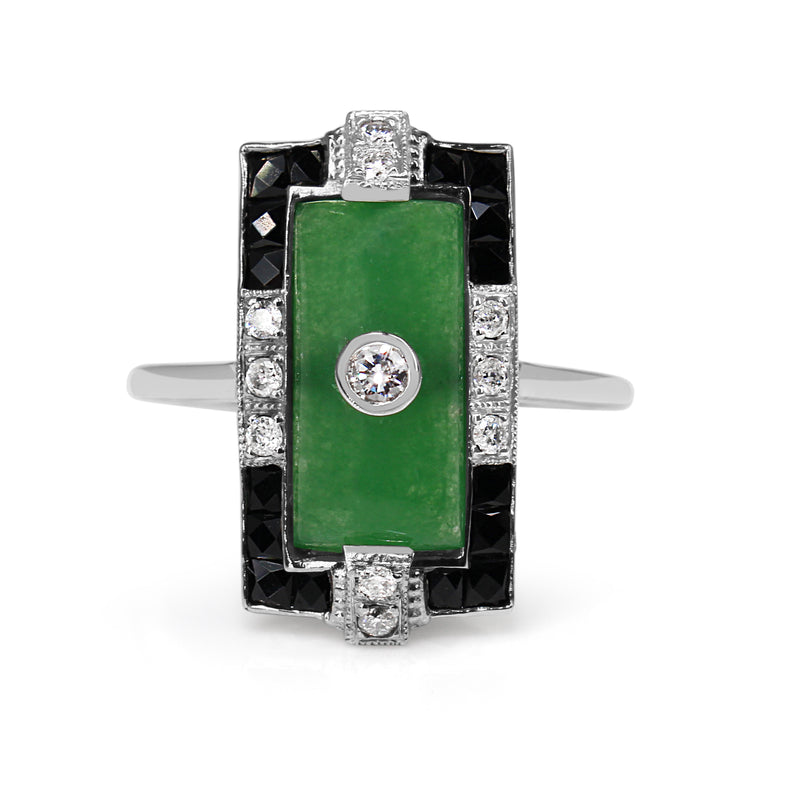 9ct White Gold Jade, Onyx and Diamond Deco Style Ring