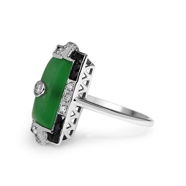 9ct White Gold Jade, Onyx and Diamond Deco Style Ring