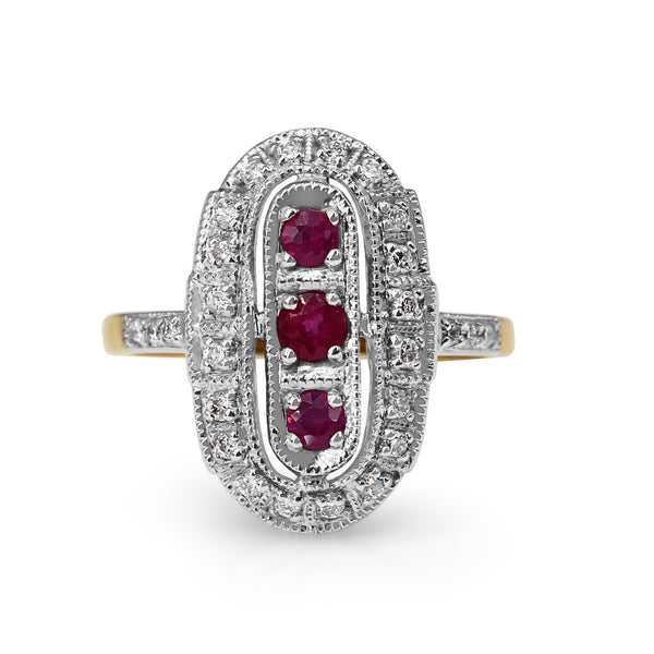 9ct Yellow and White Gold Ruby and Diamond Deco Style Ring