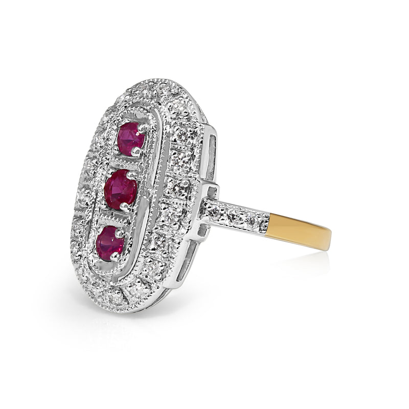 9ct Yellow and White Gold Ruby and Diamond Deco Style Ring