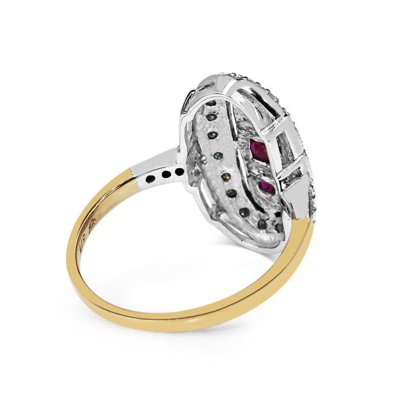 9ct Yellow and White Gold Ruby and Diamond Deco Style Ring