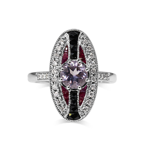 9ct White Gold Amethyst, Ruby, Onyx and Diamond Art Deco Style Ring