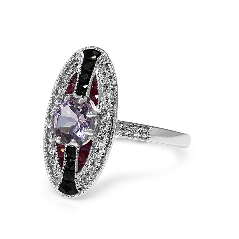 9ct White Gold Amethyst, Ruby, Onyx and Diamond Art Deco Style Ring