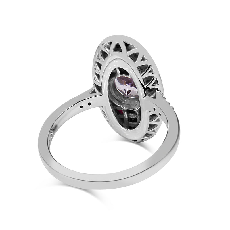 9ct White Gold Amethyst, Ruby, Onyx and Diamond Art Deco Style Ring