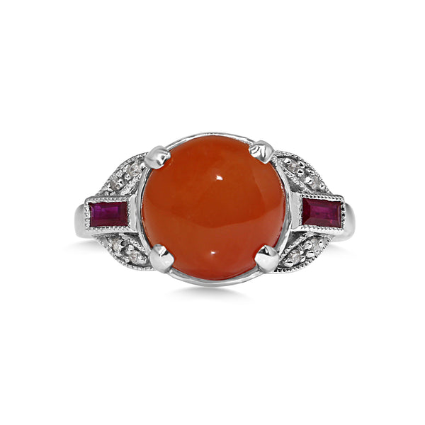 9ct White Gold Carnelian, Ruby and Diamond Art Deco Style Ring