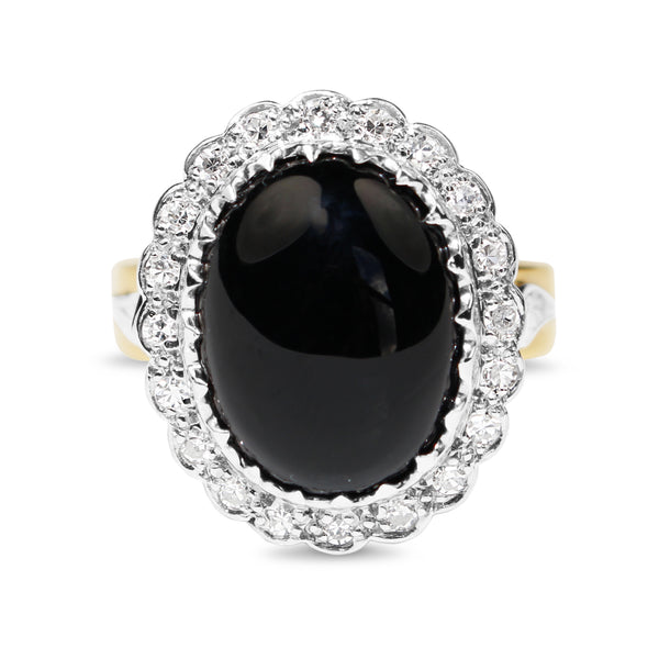 18ct Yellow and White Gold Vintage Onyx and Single Cut Diamond Daisy Ring