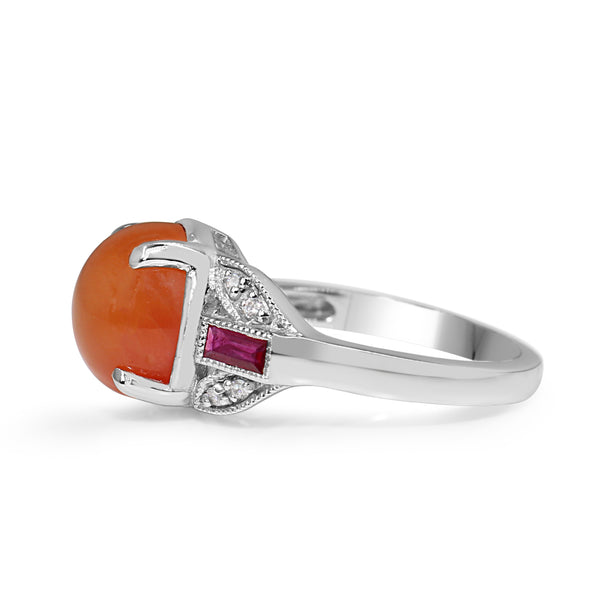 9ct White Gold Carnelian, Ruby and Diamond Art Deco Style Ring