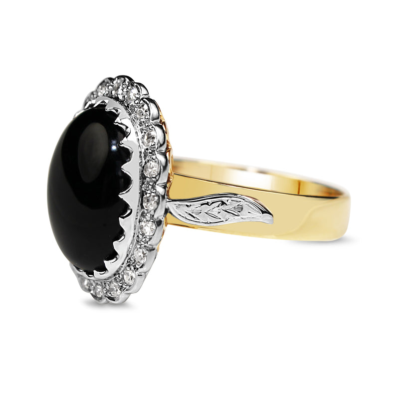 18ct Yellow and White Gold Vintage Onyx and Single Cut Diamond Daisy Ring