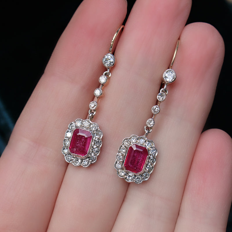 18ct Yellow and White Gold Antique Ruby and Old / Single Cut Diamonds Drop Earrings