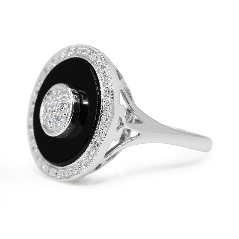 9ct White Gold Onyx and Diamond Halo Cluster Ring