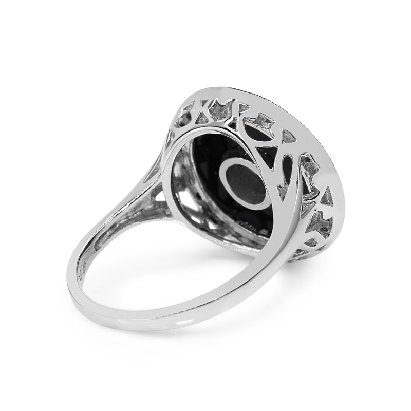 9ct White Gold Onyx and Diamond Halo Cluster Ring