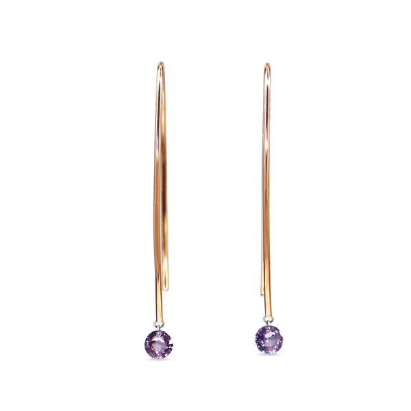 9ct Rose Gold Open Hoop Floating Purple Sapphire Earrings