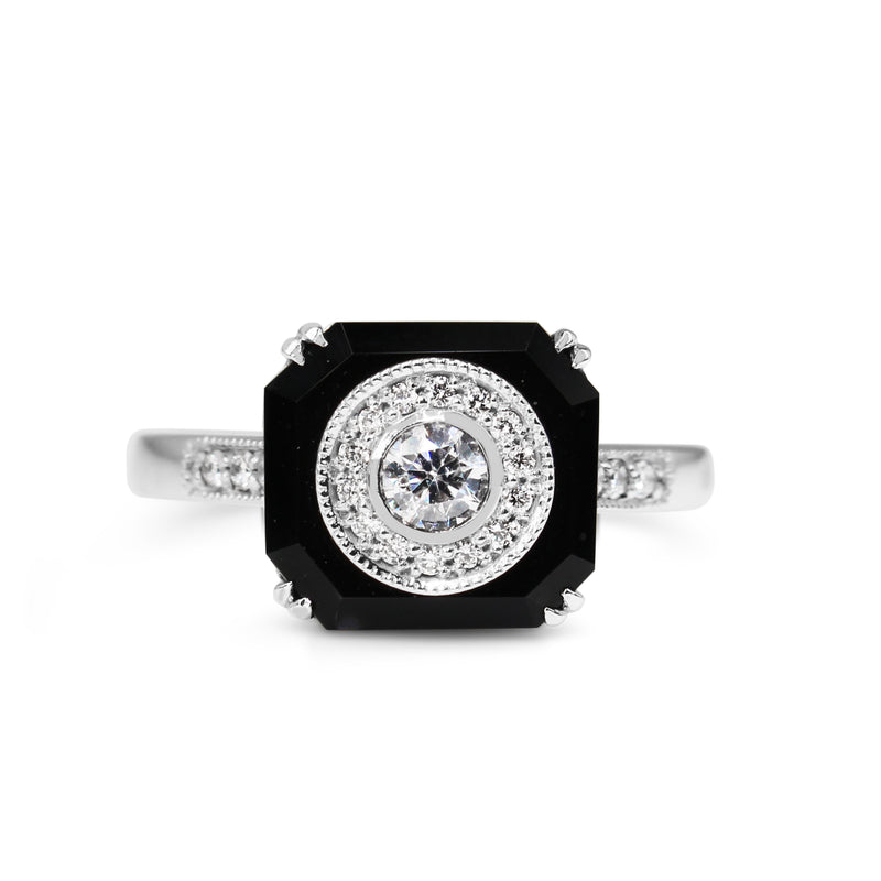 9ct White Gold Onyx and Diamond Halo Art Deco Style Ring