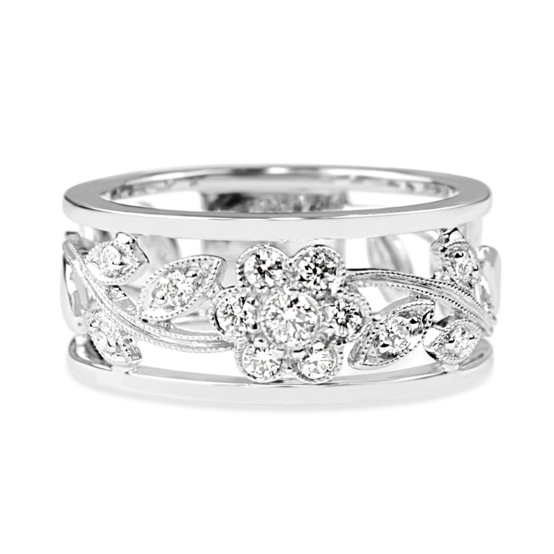 9ct White Gold Floral Diamond Band Ring