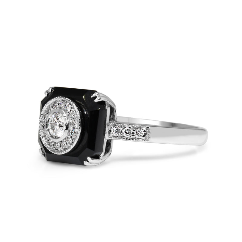 9ct White Gold Onyx and Diamond Halo Art Deco Style Ring