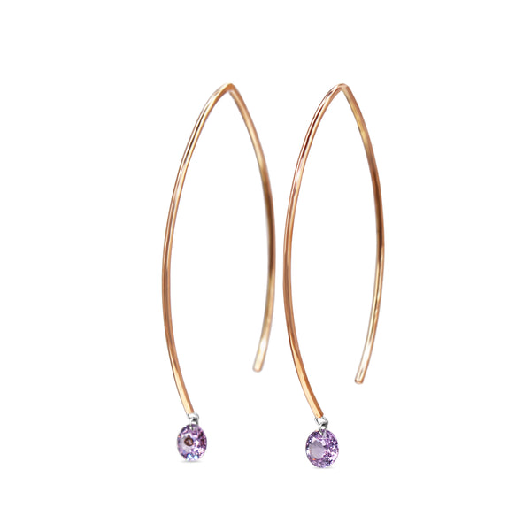 9ct Rose Gold Open Hoop Floating Purple Sapphire Earrings