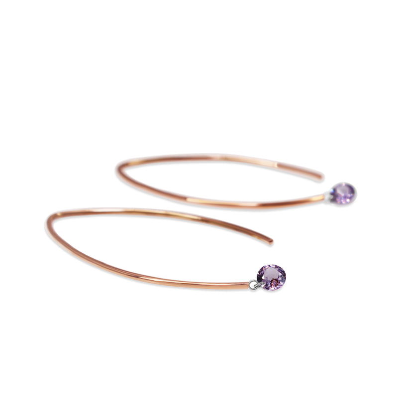 9ct Rose Gold Open Hoop Floating Purple Sapphire Earrings