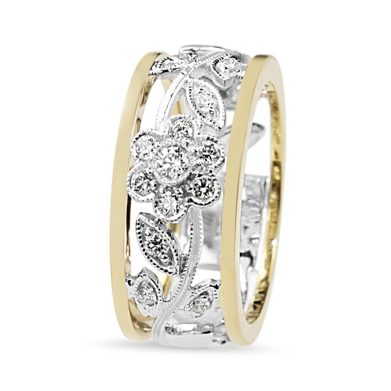 9ct Yellow and White Gold Floral Diamond Ring