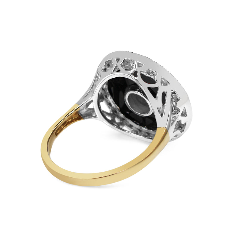 9ct Yellow and White Gold Onyx and Diamond Halo Cluster Art Deco Style Ring