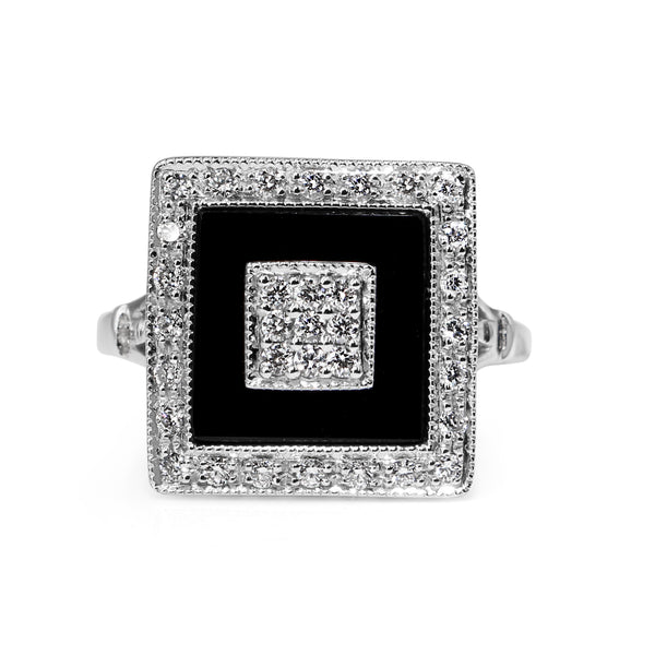 9ct White Gold Onyx and Diamond Square Halo Cluster Deco Style Ring