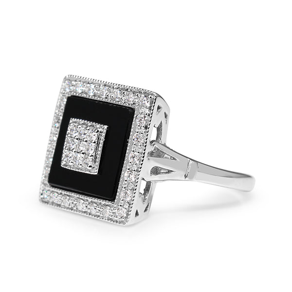 9ct White Gold Onyx and Diamond Square Halo Cluster Deco Style Ring