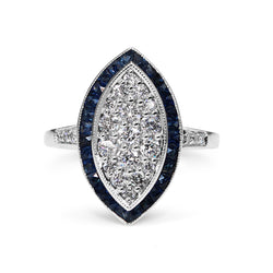 9ct White Gold Sapphire and Diamond Cluster Marquise Deco Style Ring