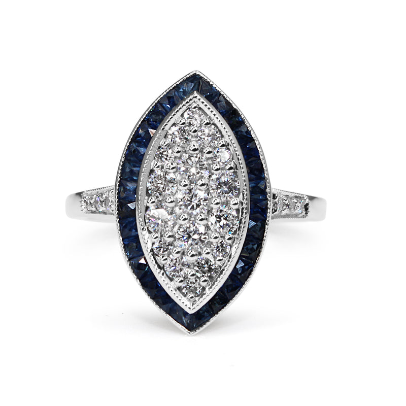 9ct White Gold Sapphire and Diamond Cluster Marquise Deco Style Ring