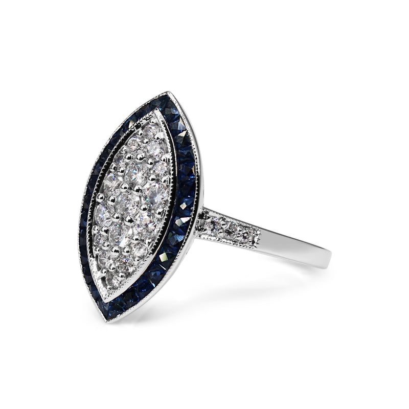 9ct White Gold Sapphire and Diamond Cluster Marquise Deco Style Ring