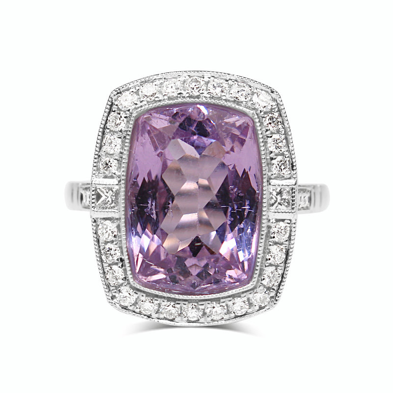 18ct White Gold Kunzite and Diamond Halo Ring