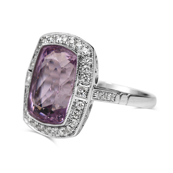 18ct White Gold Kunzite and Diamond Halo Ring