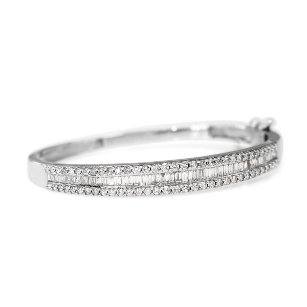 14ct White Gold Vintage Baguette and Brilliant Cut Diamond Hinged Bangle