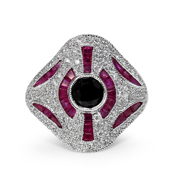18ct White Gold Ruby, Onyx and Diamond Art Deco Style Ring