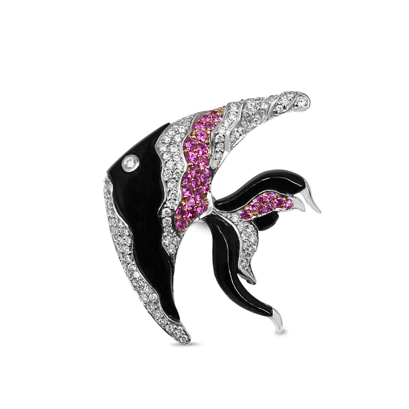 18ct White Gold Onyx, Pink Sapphire and Diamond Angel Fish Brooch