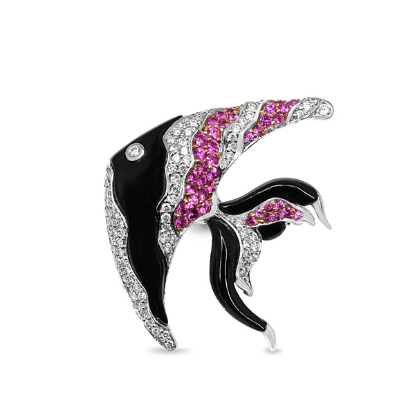 18ct White Gold Onyx, Pink Sapphire and Diamond Angel Fish Brooch