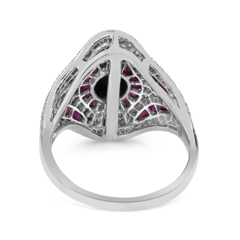 18ct White Gold Ruby, Onyx and Diamond Art Deco Style Ring