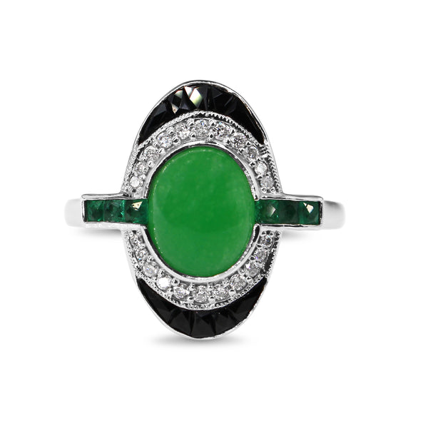 9ct White Gold Jade, Emerald, Onyx and Diamond Deco Style Ring