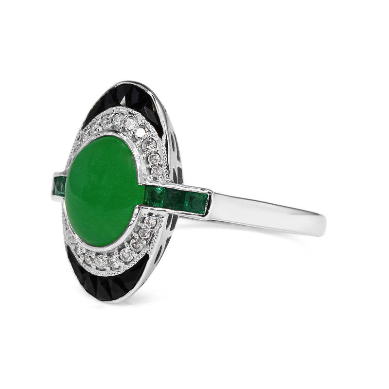 9ct White Gold Jade, Emerald, Onyx and Diamond Deco Style Ring