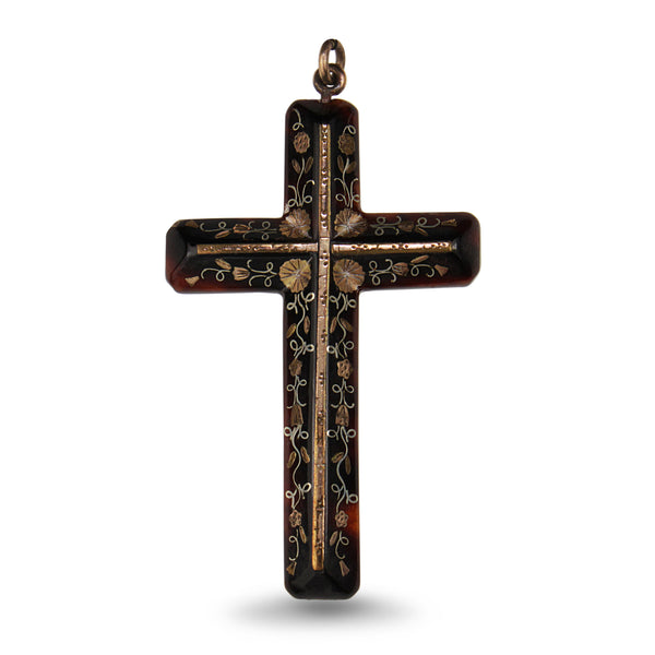 9ct Yellow Gold and Silver Antique Piqué Cross Necklace