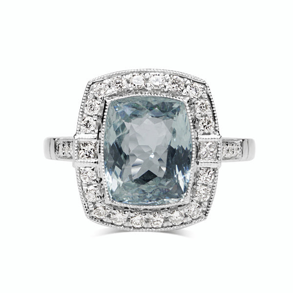 18ct White Gold Aquamarine and Diamond Halo Ring