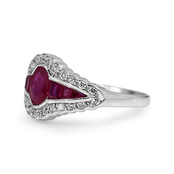 18ct White Gold Ruby and Diamond Art Deco Style Ring