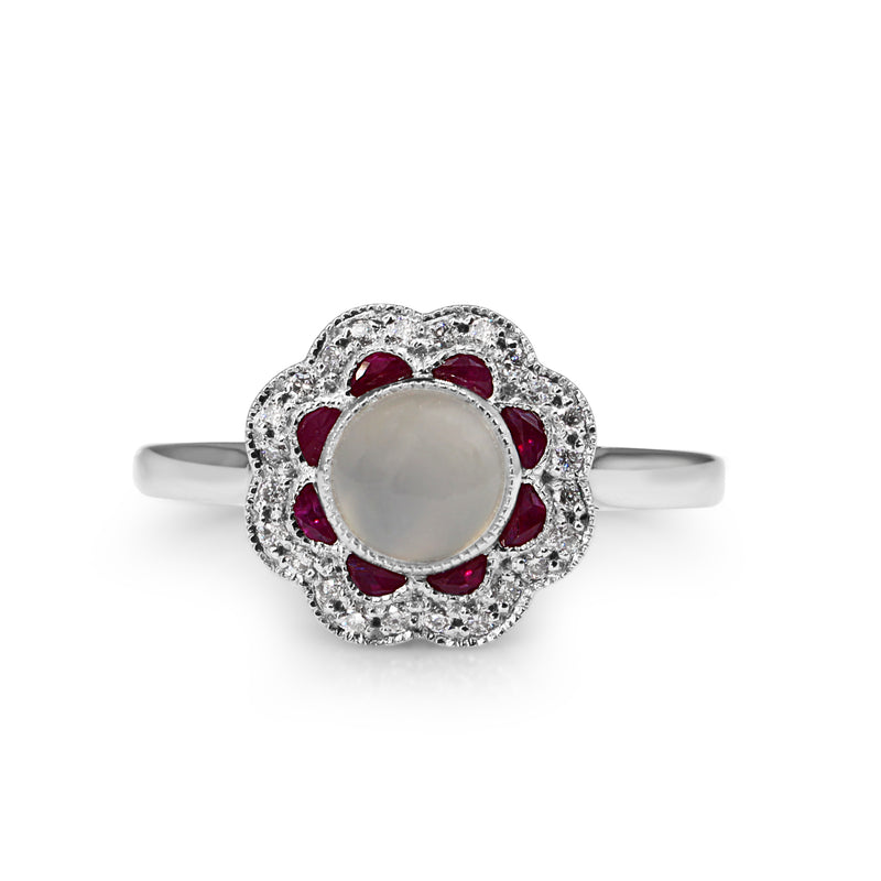 9ct White Gold Moonstone, Ruby and Diamond Daisy Style Ring