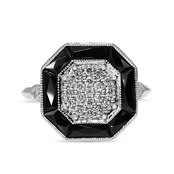 18ct White Gold Onyx and DIamond Cluster Ring