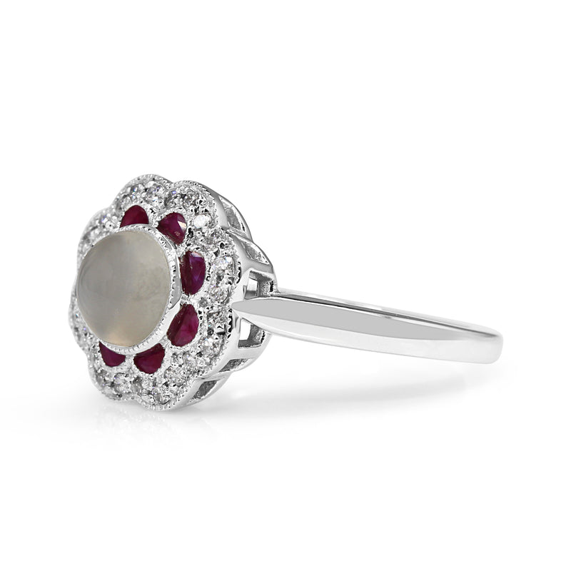 9ct White Gold Moonstone, Ruby and Diamond Daisy Style Ring